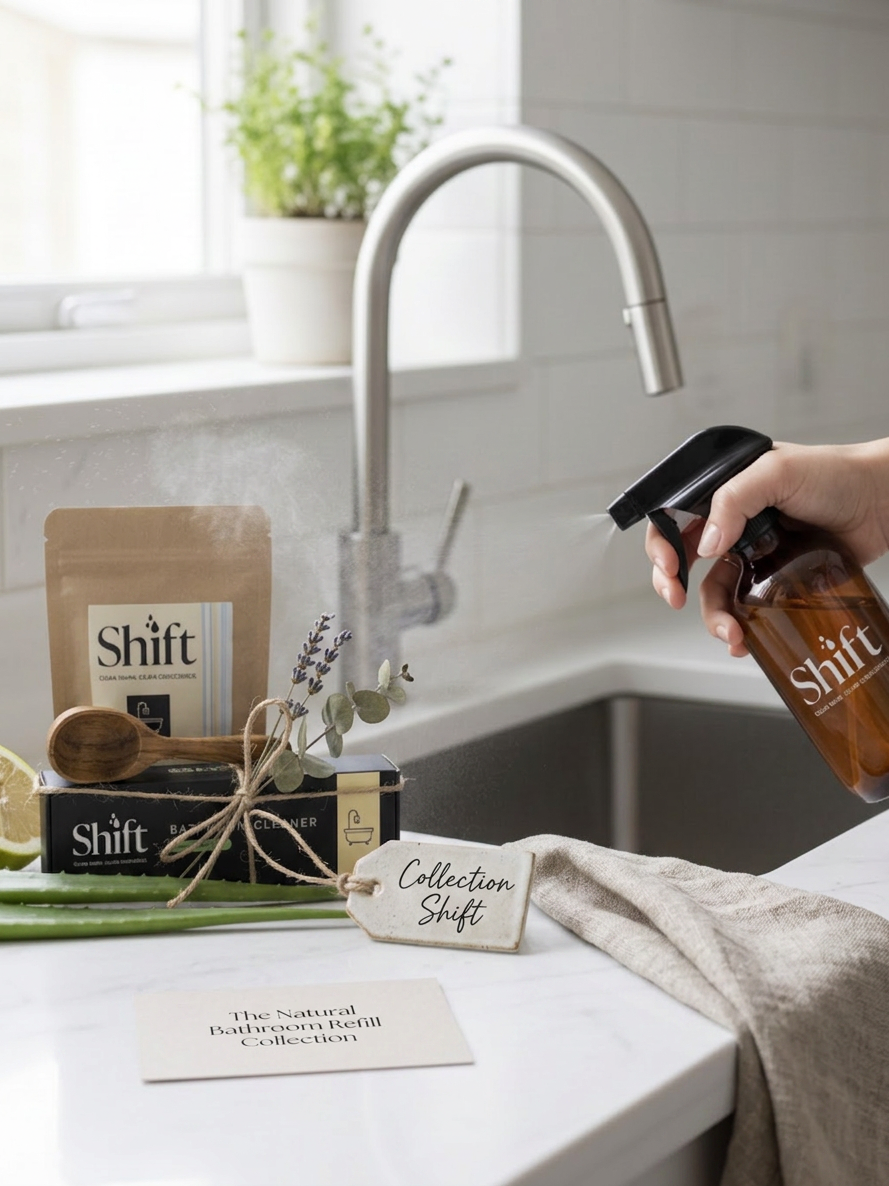 A hand sprays a kitchen sink area with a Shift-branded amber spray bottle. On the counter are additional Shift products, including a pouch, boxed items, a small card, and a towel, with a modern faucet and tiled kitchen background.