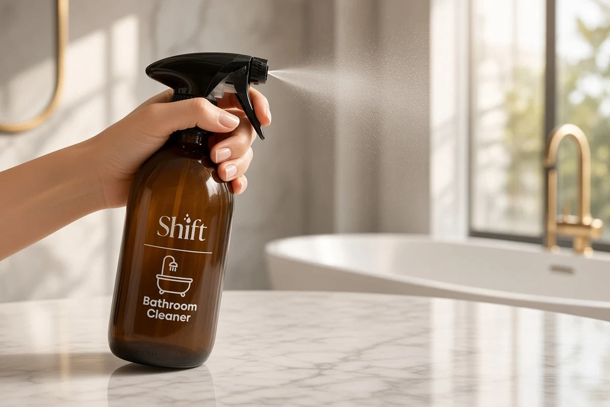 Shift amber glass bathroom cleaner spray bottle held in hand, featuring a black trigger and minimalist white label.