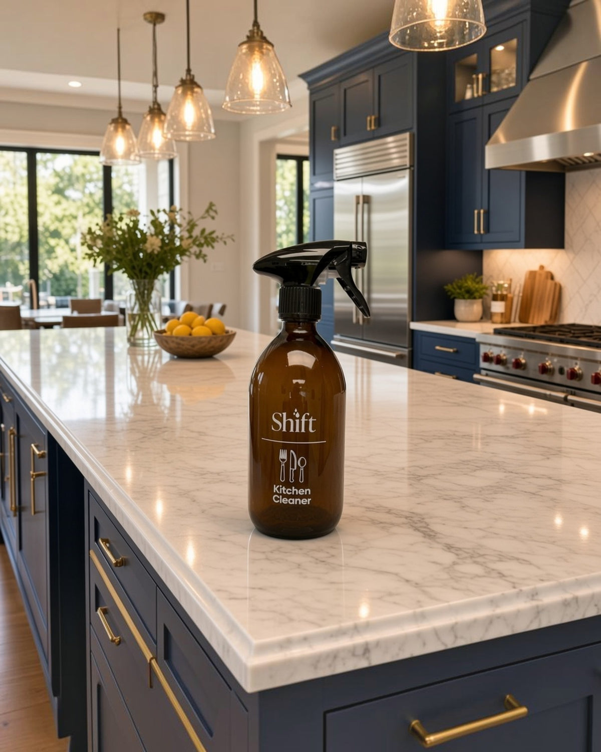 Shift amber glass kitchen cleaner spray bottle on a marble countertop in a modern navy blue kitchen.