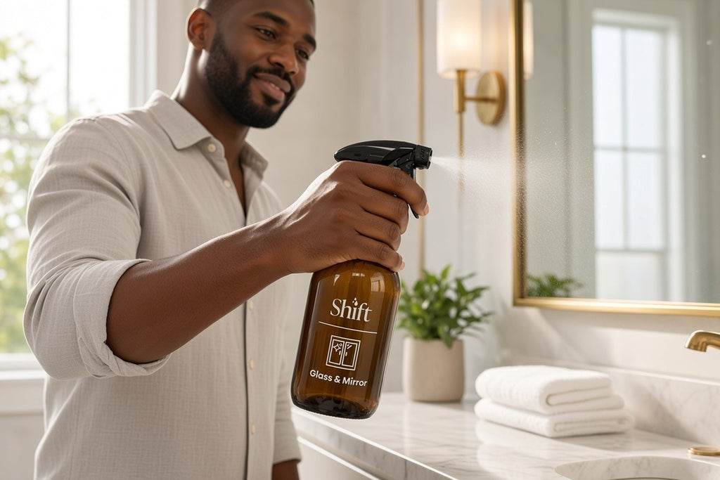 A man using a Shift amber glass spray bottle labeled Glass & Mirror to clean a bathroom mirror.