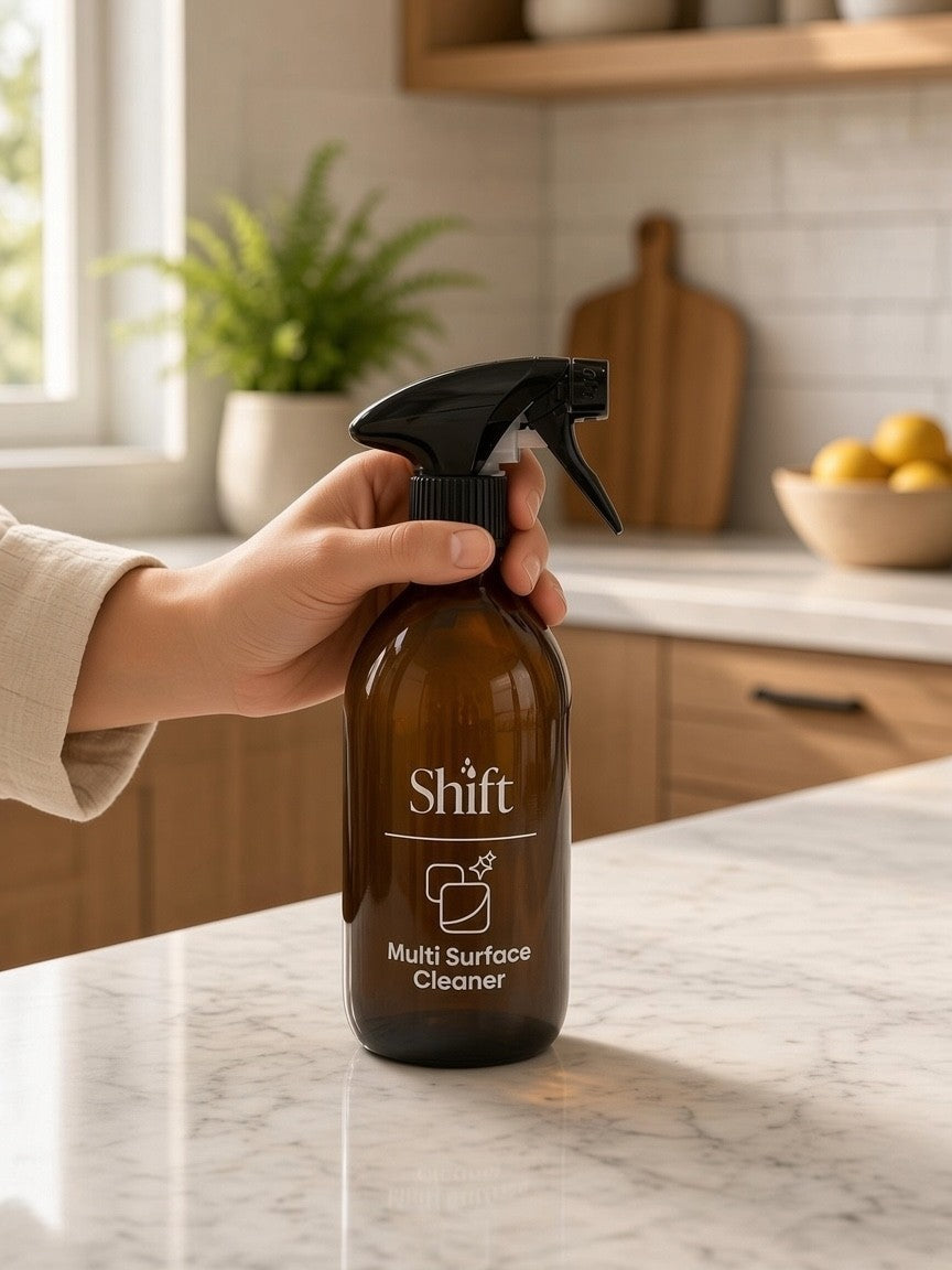 Shift amber glass multi-purpose spray bottle held by a hand in a bright, modern kitchen setting.