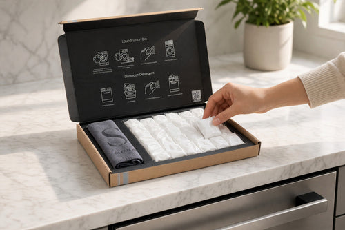 Shift dishwasher detergent pods in a sustainable cardboard box with a grey cleaning cloth on a marble countertop.