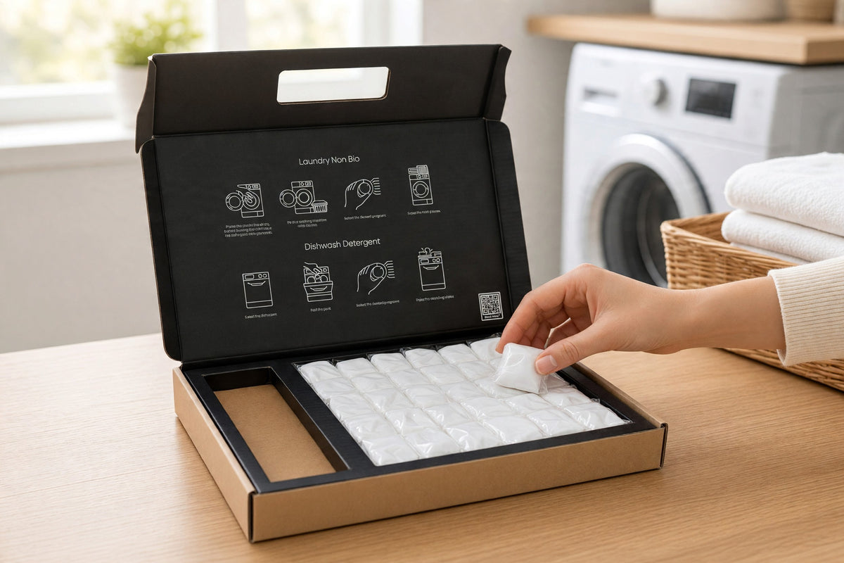 Shift Laundry Non-Bio pods in a sustainable cardboard box with instructions, held by a hand on a wooden table.